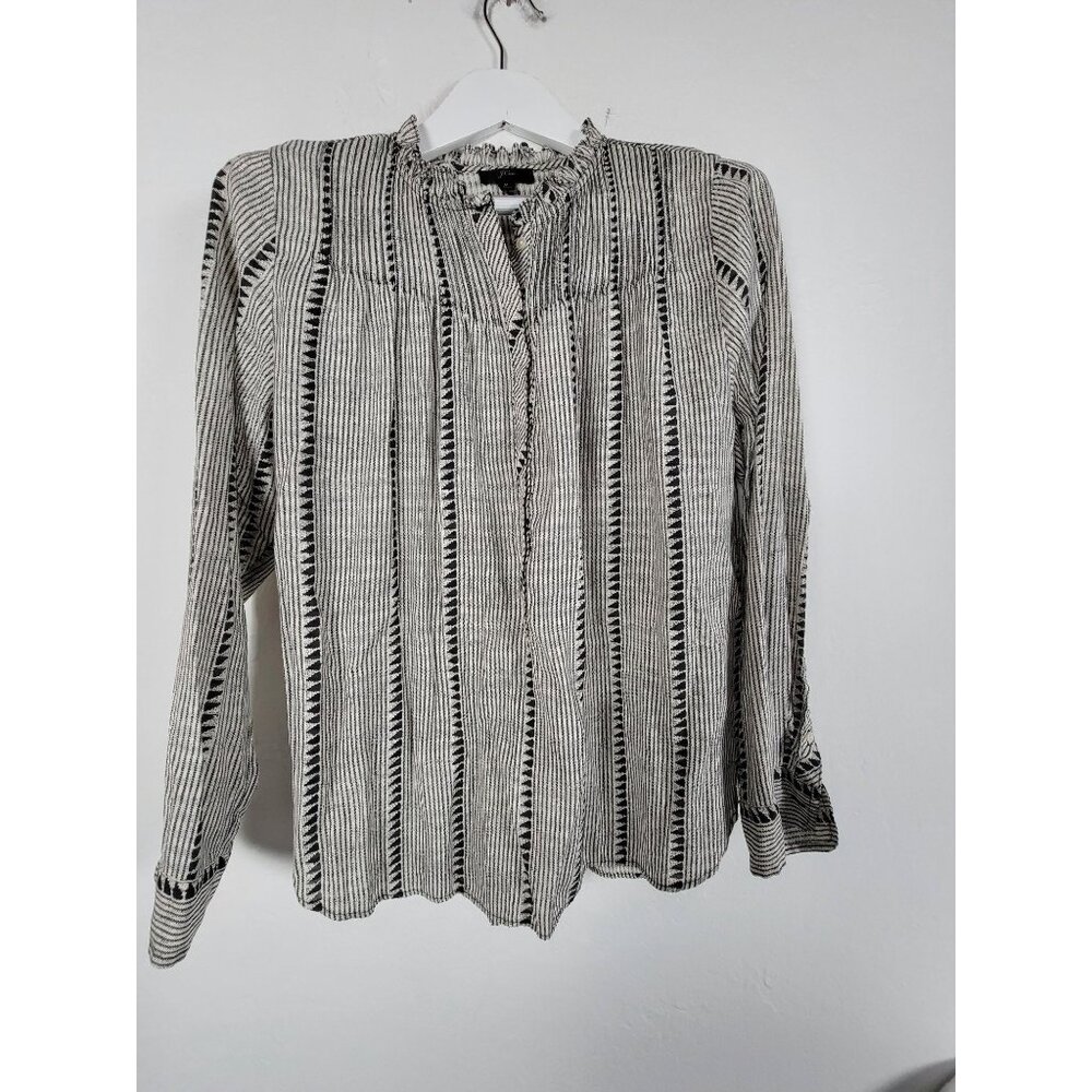 J.Crew Womens Black & White Striped Long Sleeve Blouse Medium Ruffle Collar